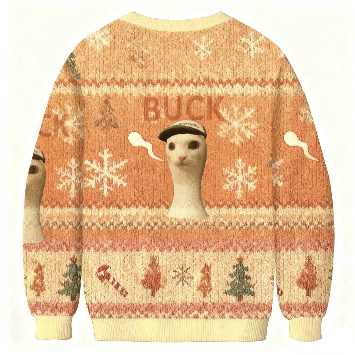 Cap Wearing Cat Buck Meme Christmas Ugly Sweatshirt