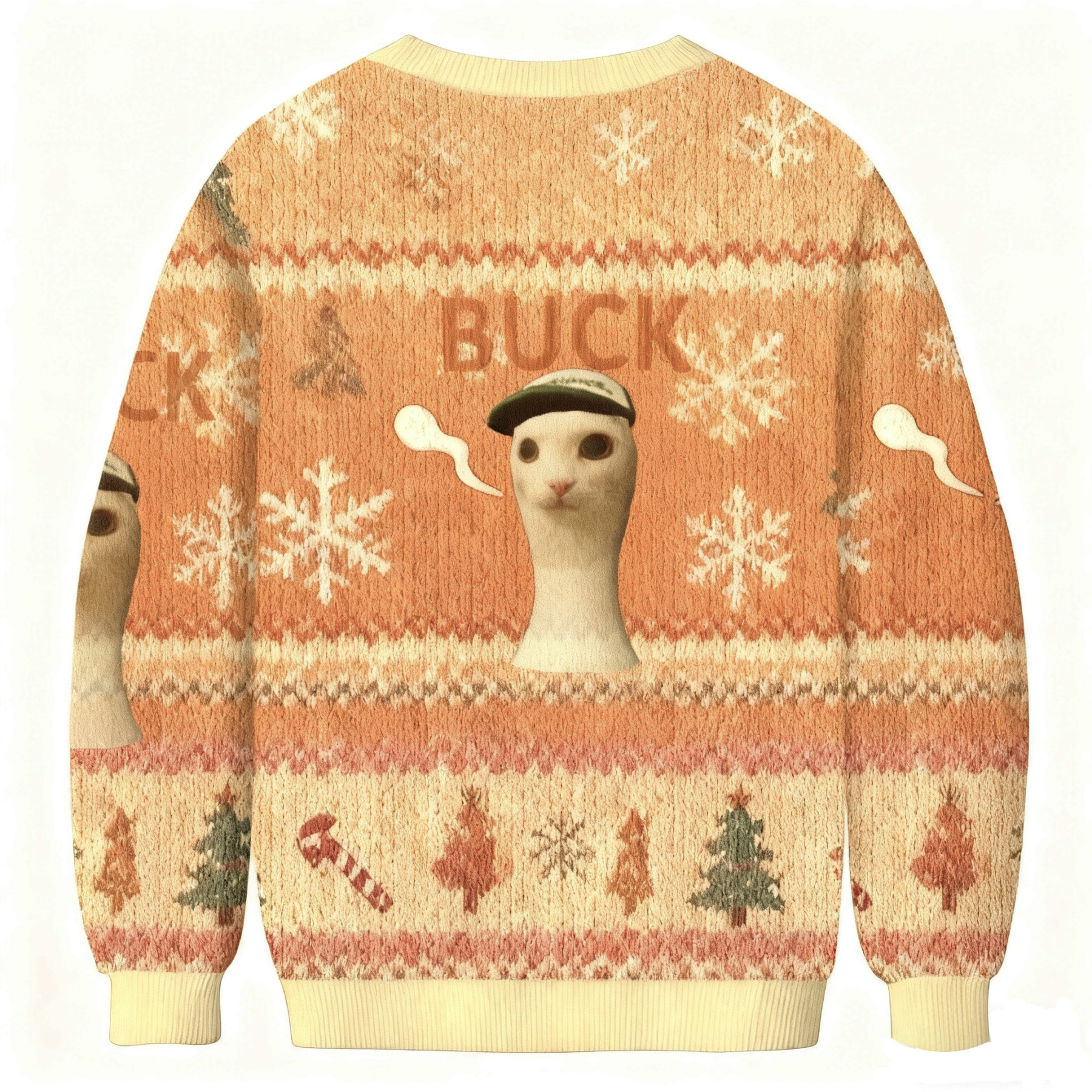 Cap Wearing Cat Buck Meme Christmas Ugly Sweatshirt