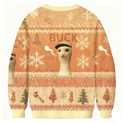 Cap Wearing Cat Buck Meme Christmas Ugly Sweatshirt