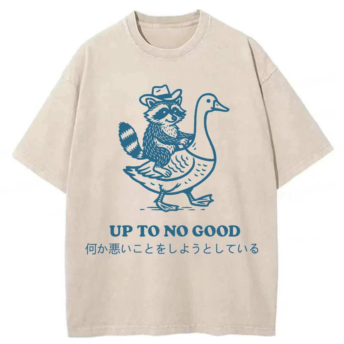 Tokyoviva Japanese Raccoon Riding Goose Up To No Good Washed T-shirt