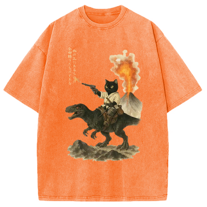 Cat Riding A Dinosaur Washed T-Shirt