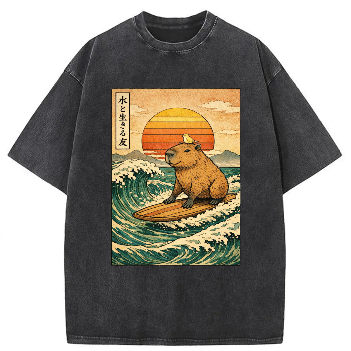 Tokyoviva Capybara Surfing Washed T-shirt