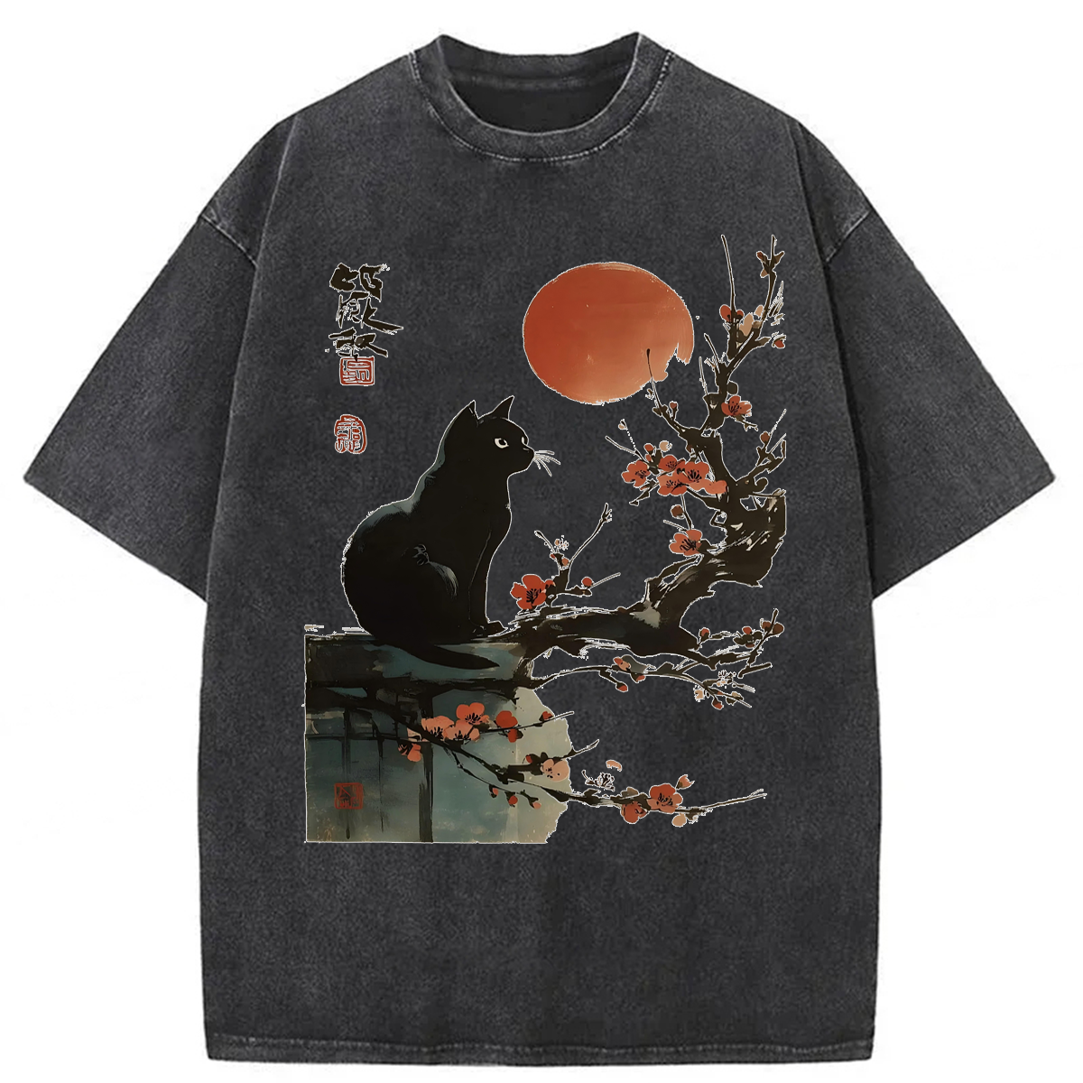 Tokyoviva Japanese Sunset Black Cat Washed T-shirt