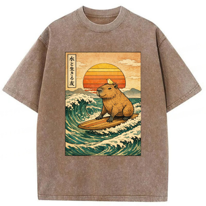 Tokyoviva Capybara Surfing Washed T-shirt