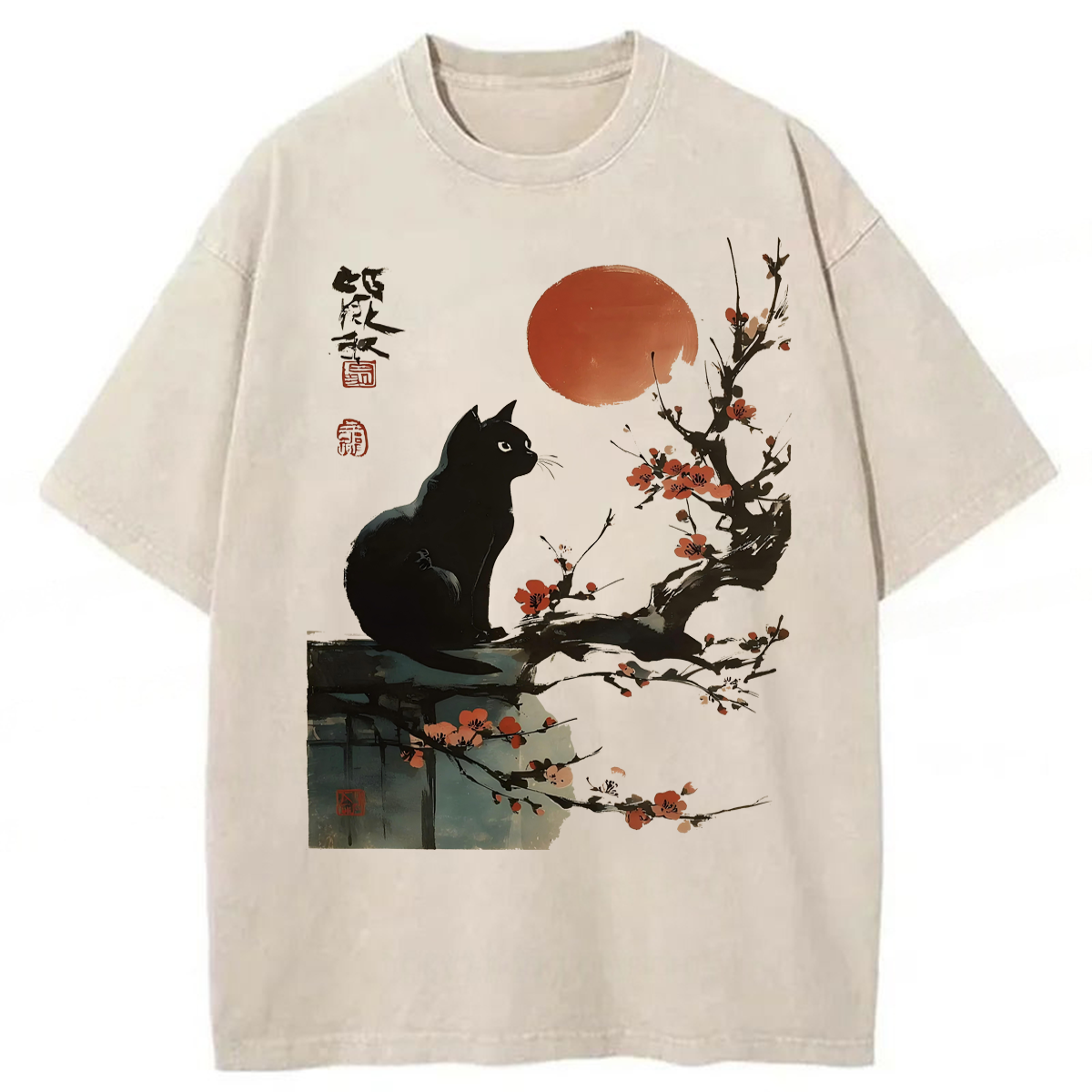 Tokyoviva Japanese Sunset Black Cat Washed T-shirt