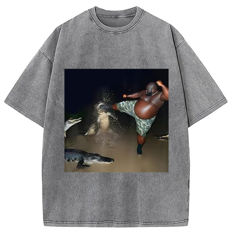 Man Kick Alligator In Swamp Funny Washed T-Shirt