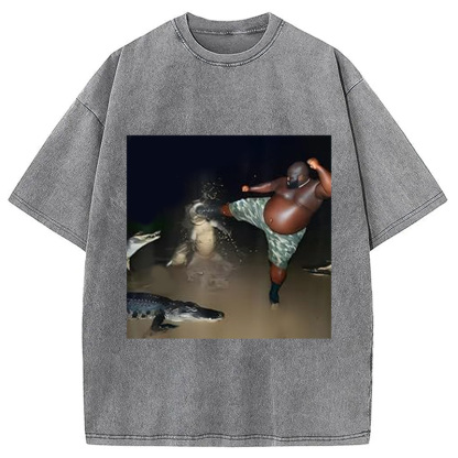 Man Kick Alligator In Swamp Funny Washed T-Shirt