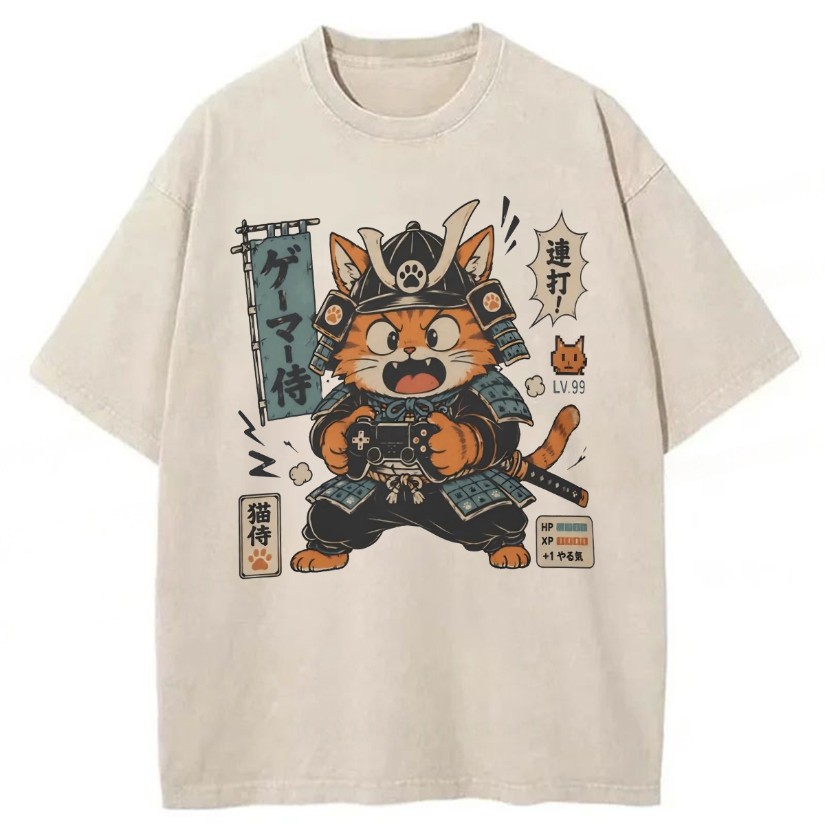 Tokyoviva Japanese Cat Playing Game Washed T-shirt