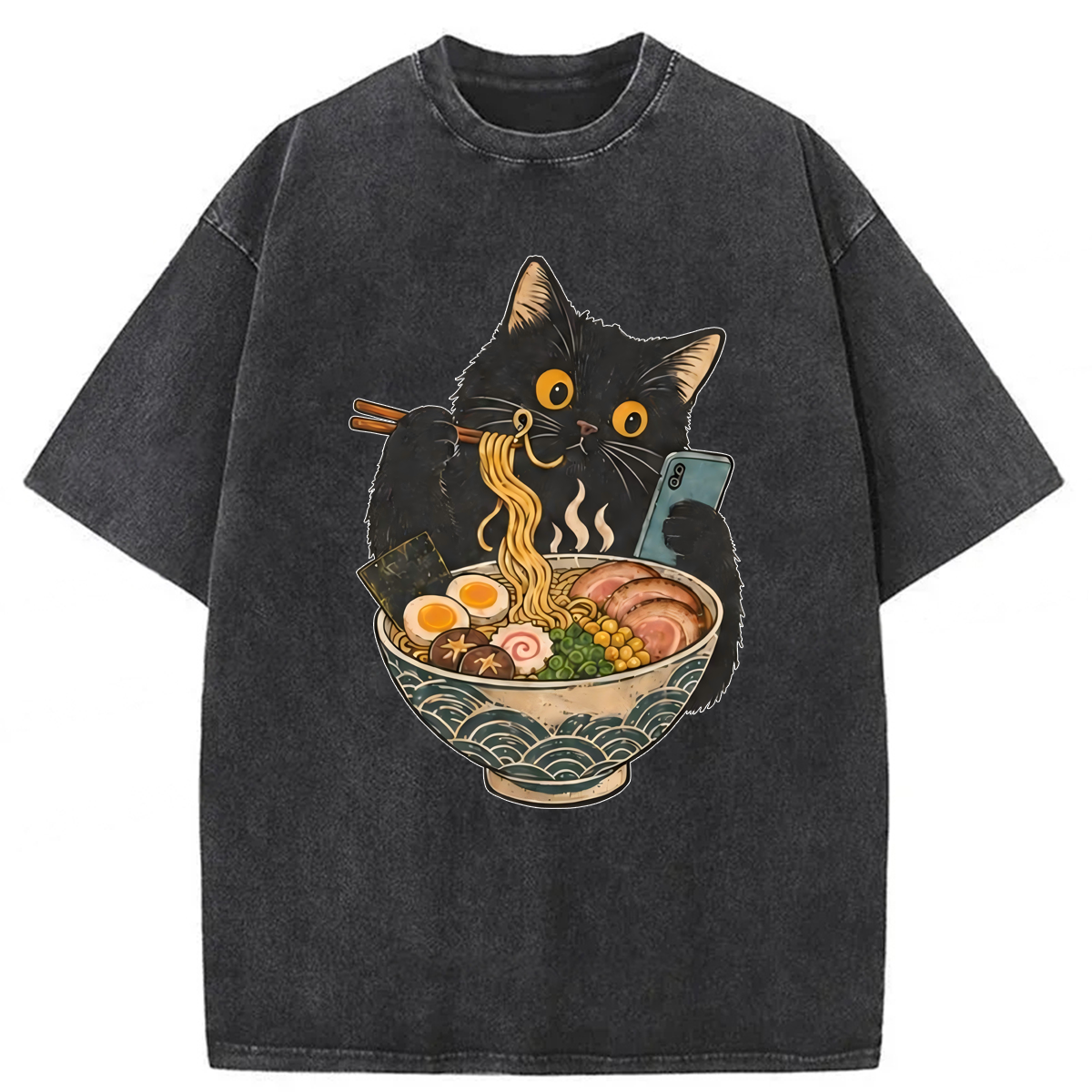 Tokyoviva Black Cat Eating Ramen Washed T-shirt