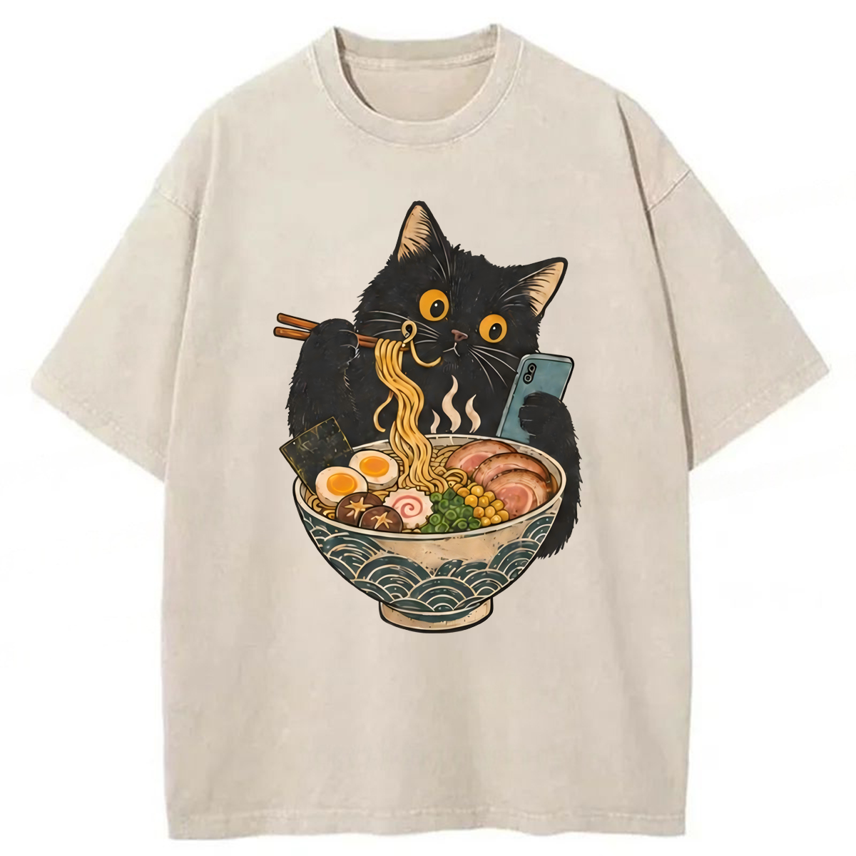 Tokyoviva Black Cat Eating Ramen Washed T-shirt