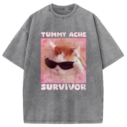 Tummy Ache Survivor Funny Cat Meme Washed T-Shirt