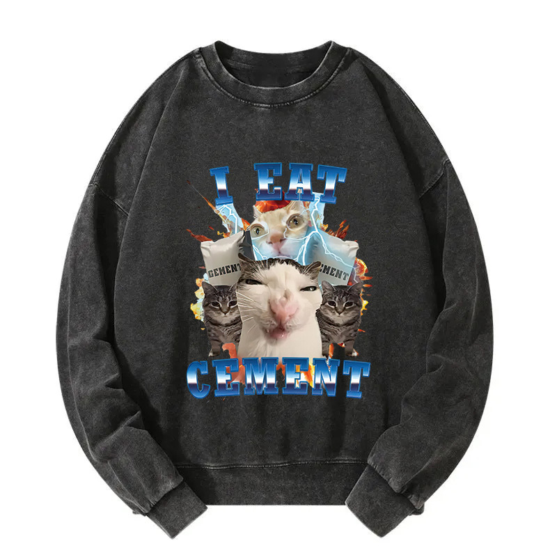 I Eat Cement Funny Cat Meme Washed Sweatshirt