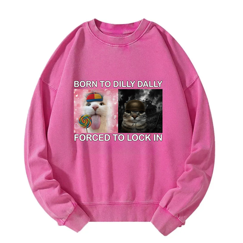 Born to Dilly Dally Funny Cat Meme Washed Sweatshirt