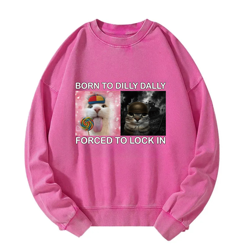 Born to Dilly Dally Funny Cat Meme Washed Sweatshirt