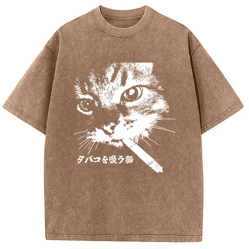 Retro Cat Smoking Washed T-Shirt