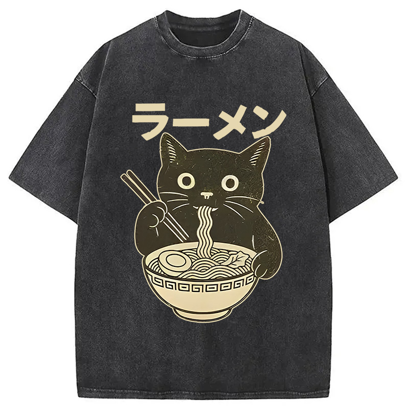 Simple Black Cat Eating Ramen Washed T-Shirt