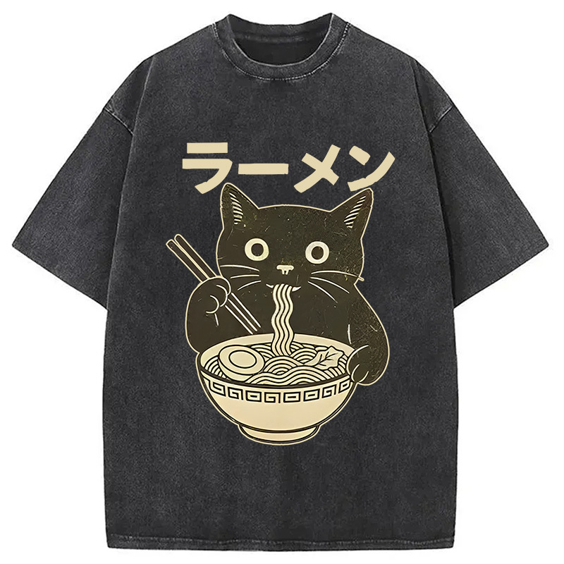 Simple Black Cat Eating Ramen Washed T-Shirt