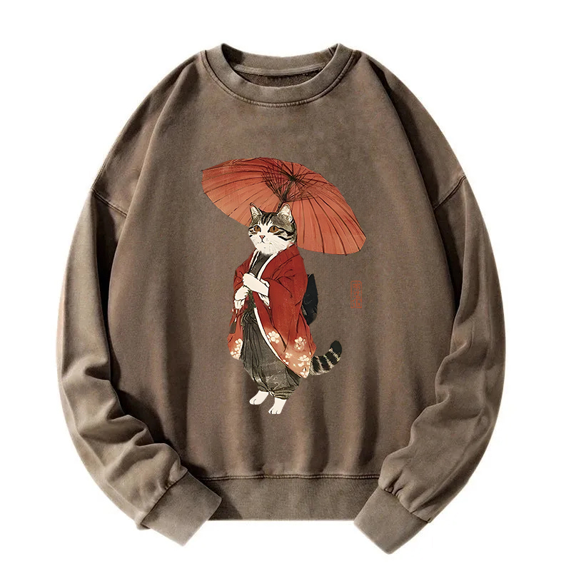 Elegant Cat Holding Umbrella Washed Sweatshirt