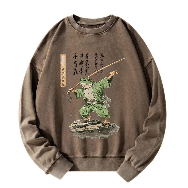Frog Samurai Japanese Art Vintage Washed Sweatshirt