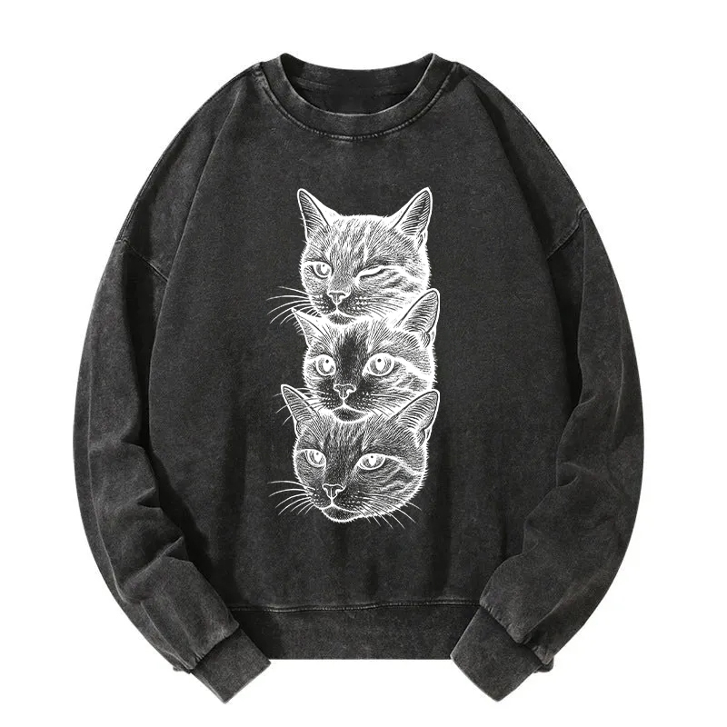 Three Cat Heads Washed Sweatshirt