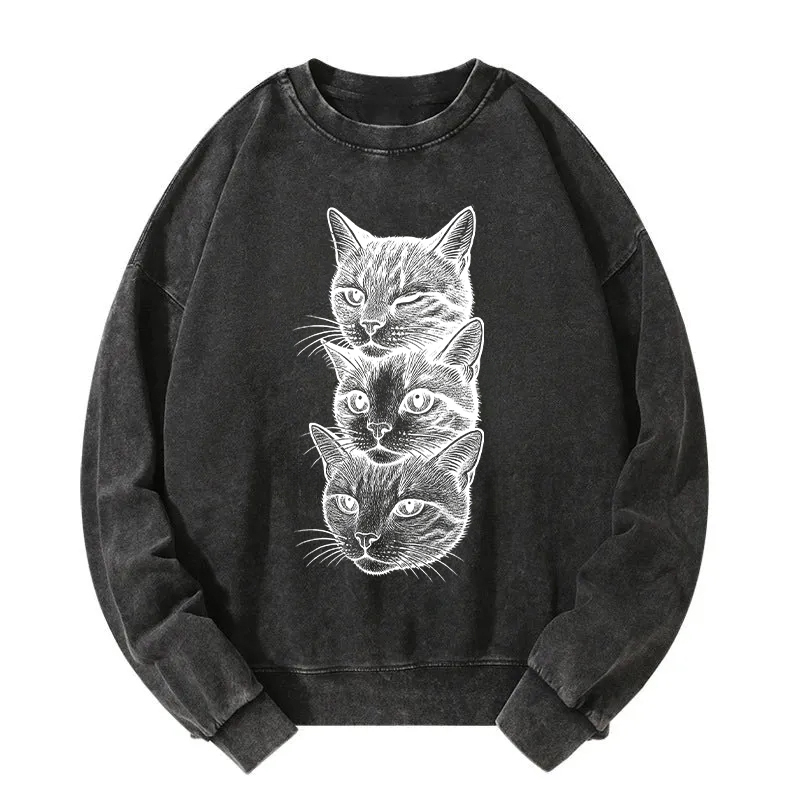 Three Cat Heads Washed Sweatshirt