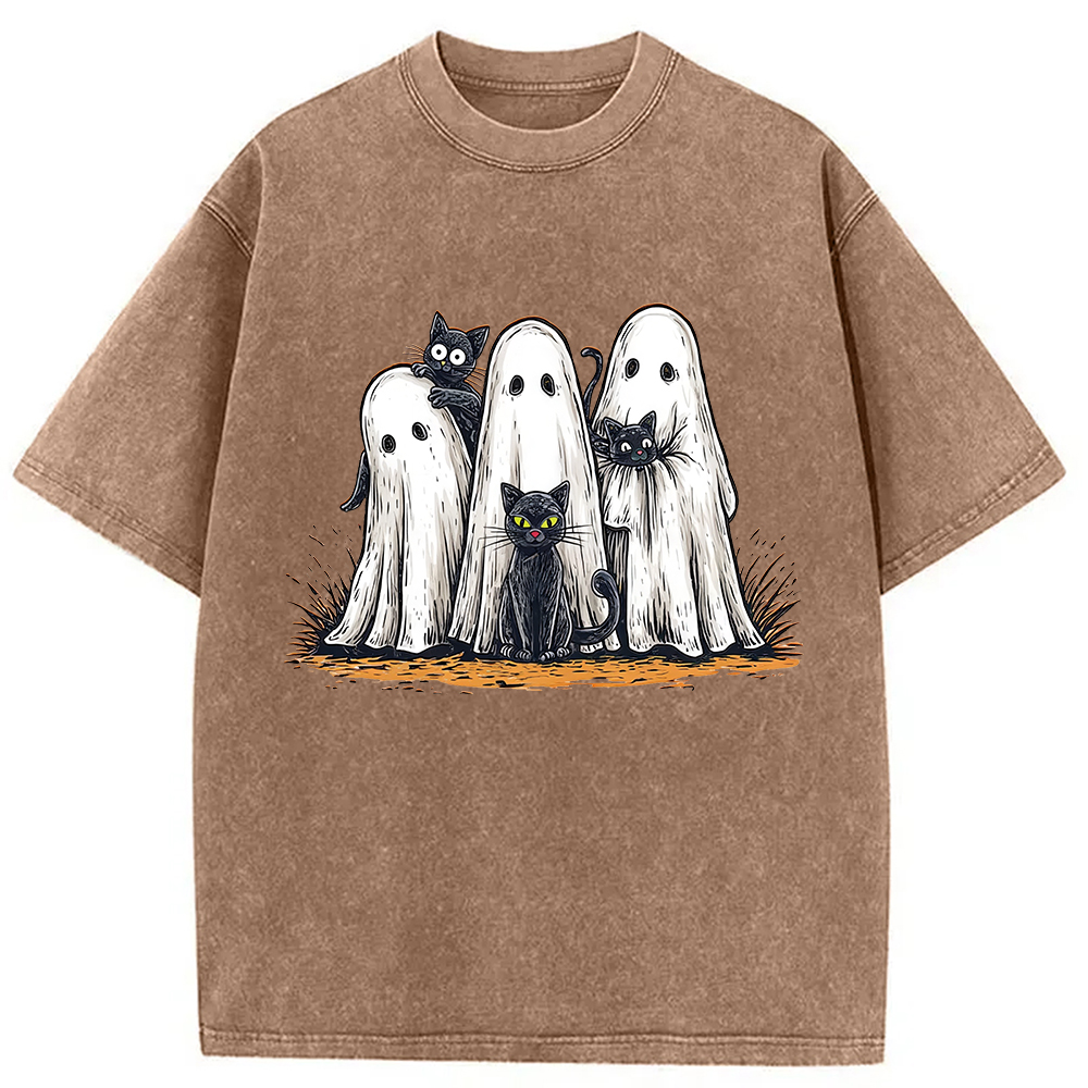 Black Cat Ghost Halloween Washed T-Shirt