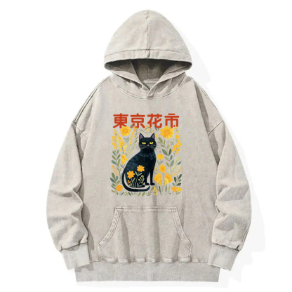 Black Cat In Flower Garden Washed Hoodie