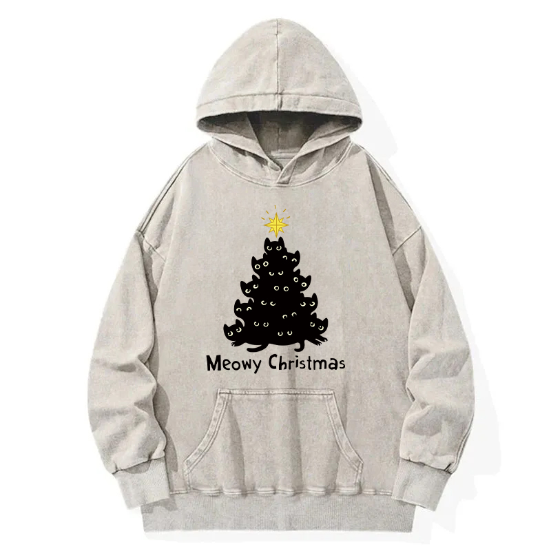 Black Cat Christmas Tree Washed Hoodie