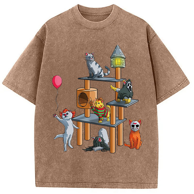 Funny Cat Horror Movies Cute Halloween Washed T-Shirt