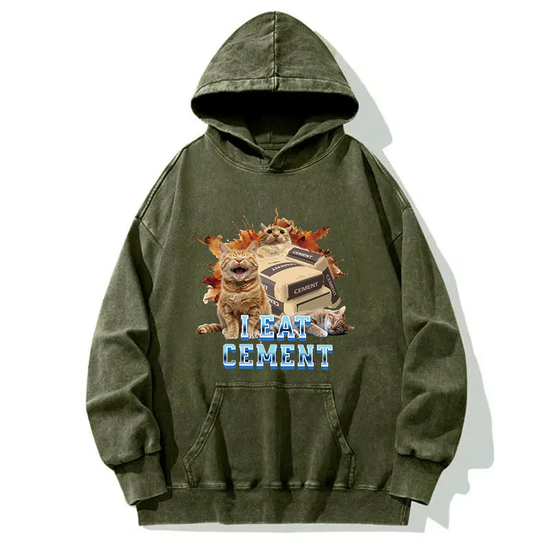 I Eat Cement Funny Cat Meme Washed Hoodie