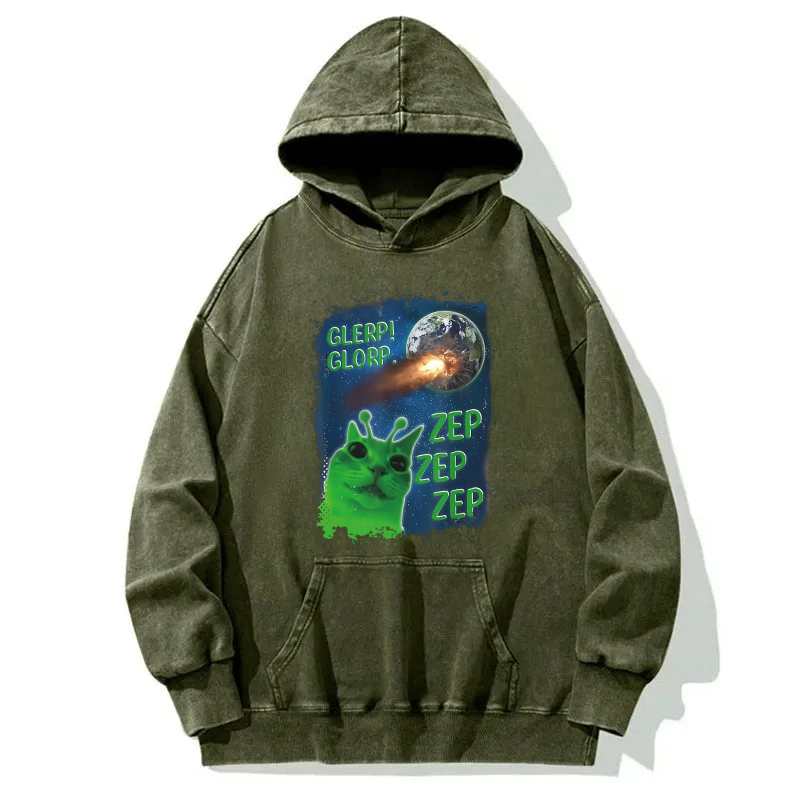 Funny Alien Cat Meme Washed Hoodie