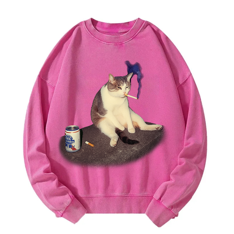 Custom Cat Smoking Meme Washed Sweatshirt