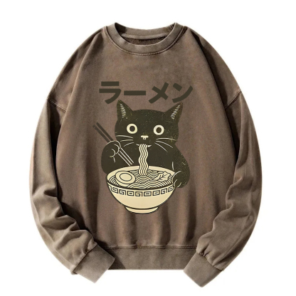 Simple Black Cat Eating Ramen Washed Sweatshirt