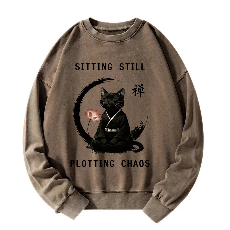 Sitting Calming Zen Cat Washed Sweatshirt