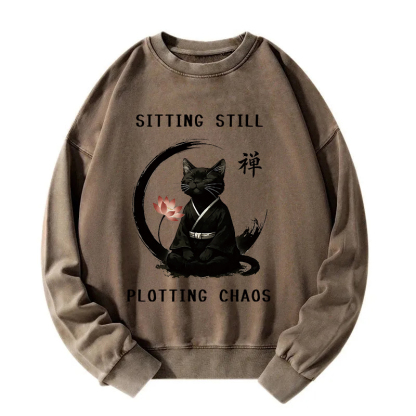 Sitting Calming Zen Cat Washed Sweatshirt