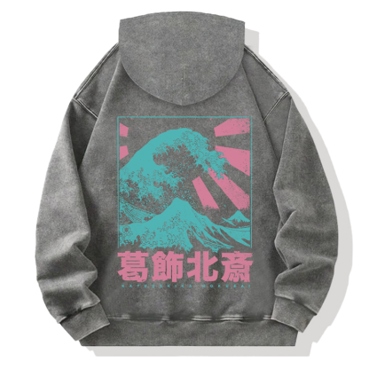 Japanese Great Wave Off Kanagawa Back Washed Hoodie