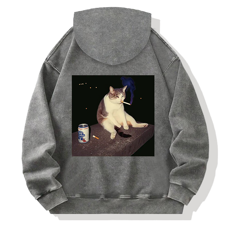 Cigarette Kitten Funny Smoking Cat Meme Back Washed Hoodie
