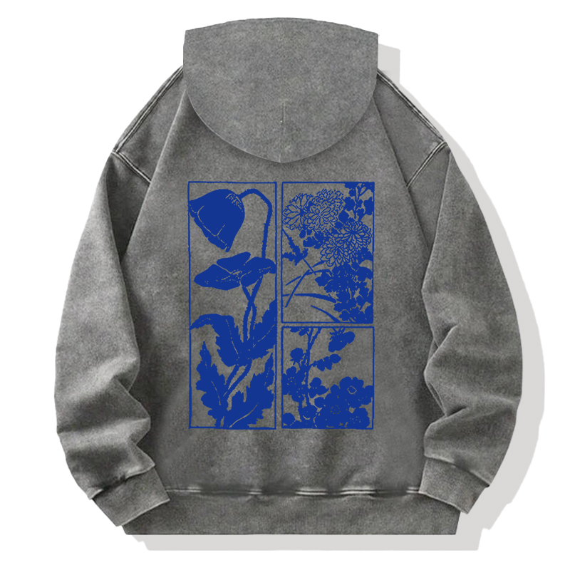 Woodcut Flowers Back Washed Hoodie