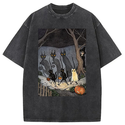 Black Cat Ghost Halloween Washed T-Shirt