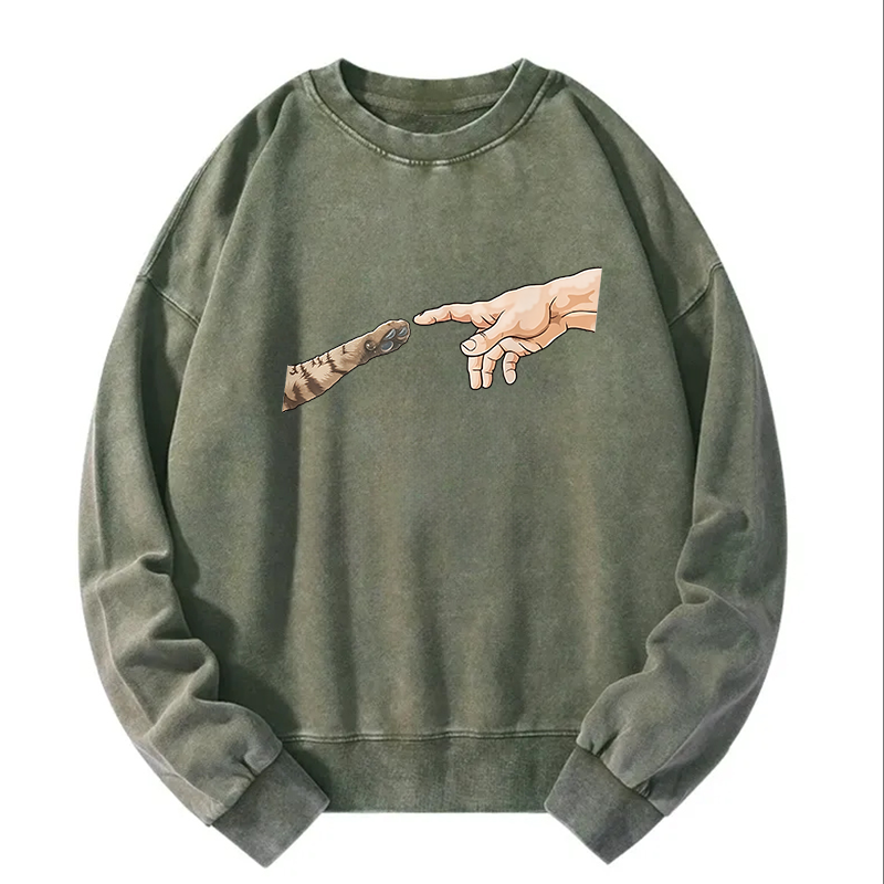 Cat God Creation Of Adam Meme Washed Sweatshirt