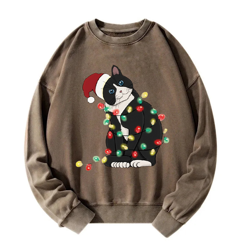 Funny Christmas Lights Cat Washed Sweatshirt