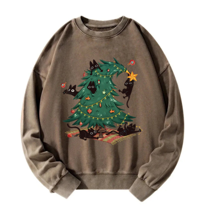 Christmas Tree And Cat Washed Sweatshirt