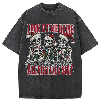 Funny Christmas Skull Washed T-Shirt
