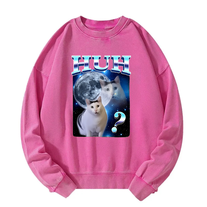 Huh Cat Funny Dank Meme Moon Washed Sweatshirt