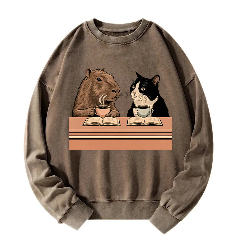 Capybara And Cat Talk Washed Sweatshirt