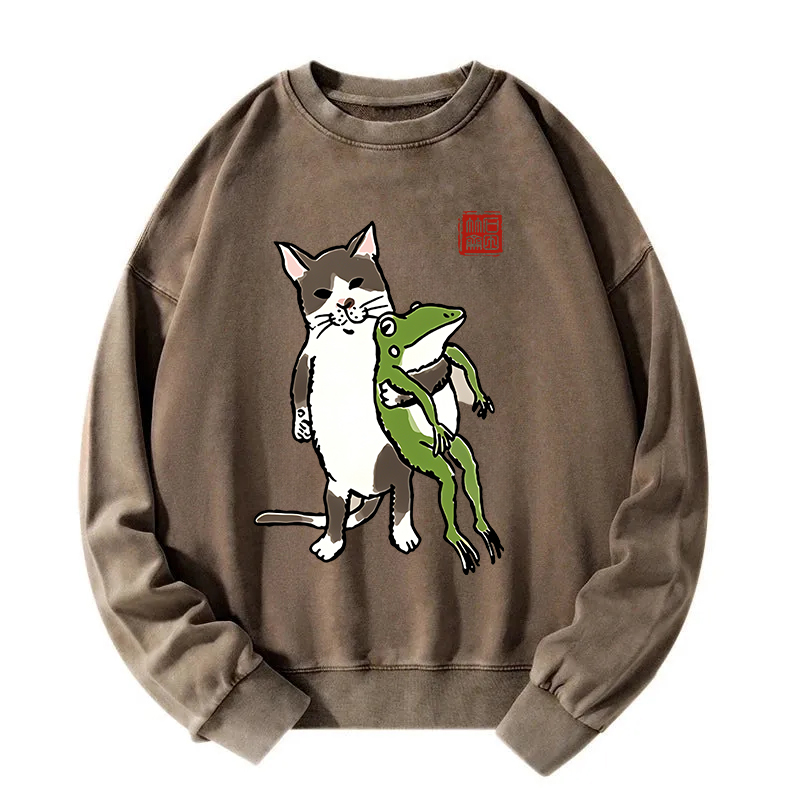 Cat Holding A Frog Washed Sweatshirt