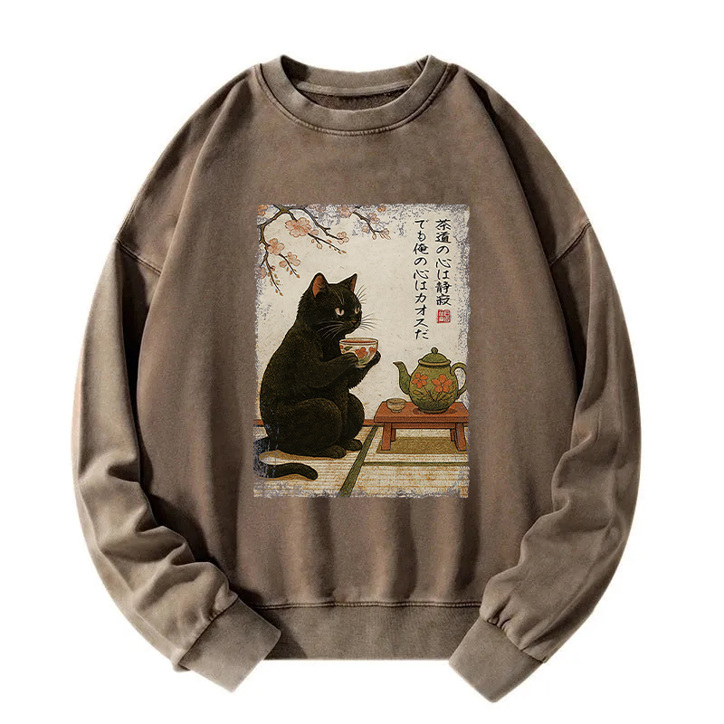 Tea Time With A Black Cat Washed Sweatshirt