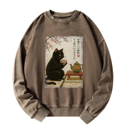 Tea Time With A Black Cat Washed Sweatshirt