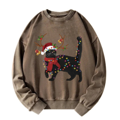 Christmas Elk Cat Washed Sweatshirt