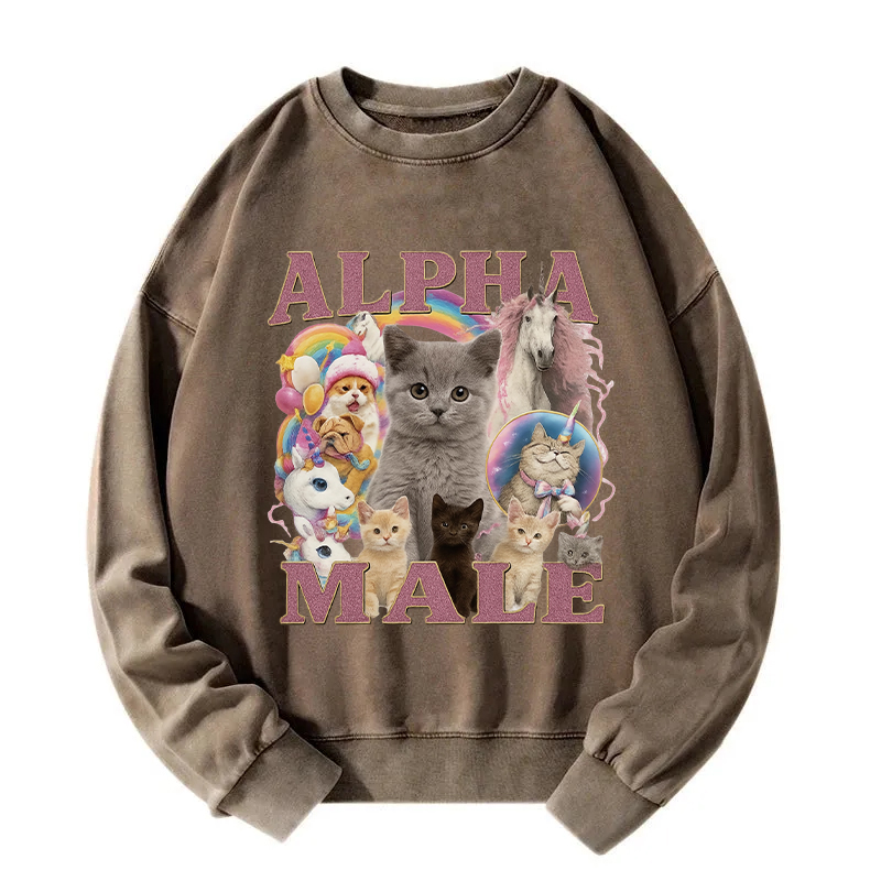 Alpha Male Funny Cat Meme Washed Sweatshirt